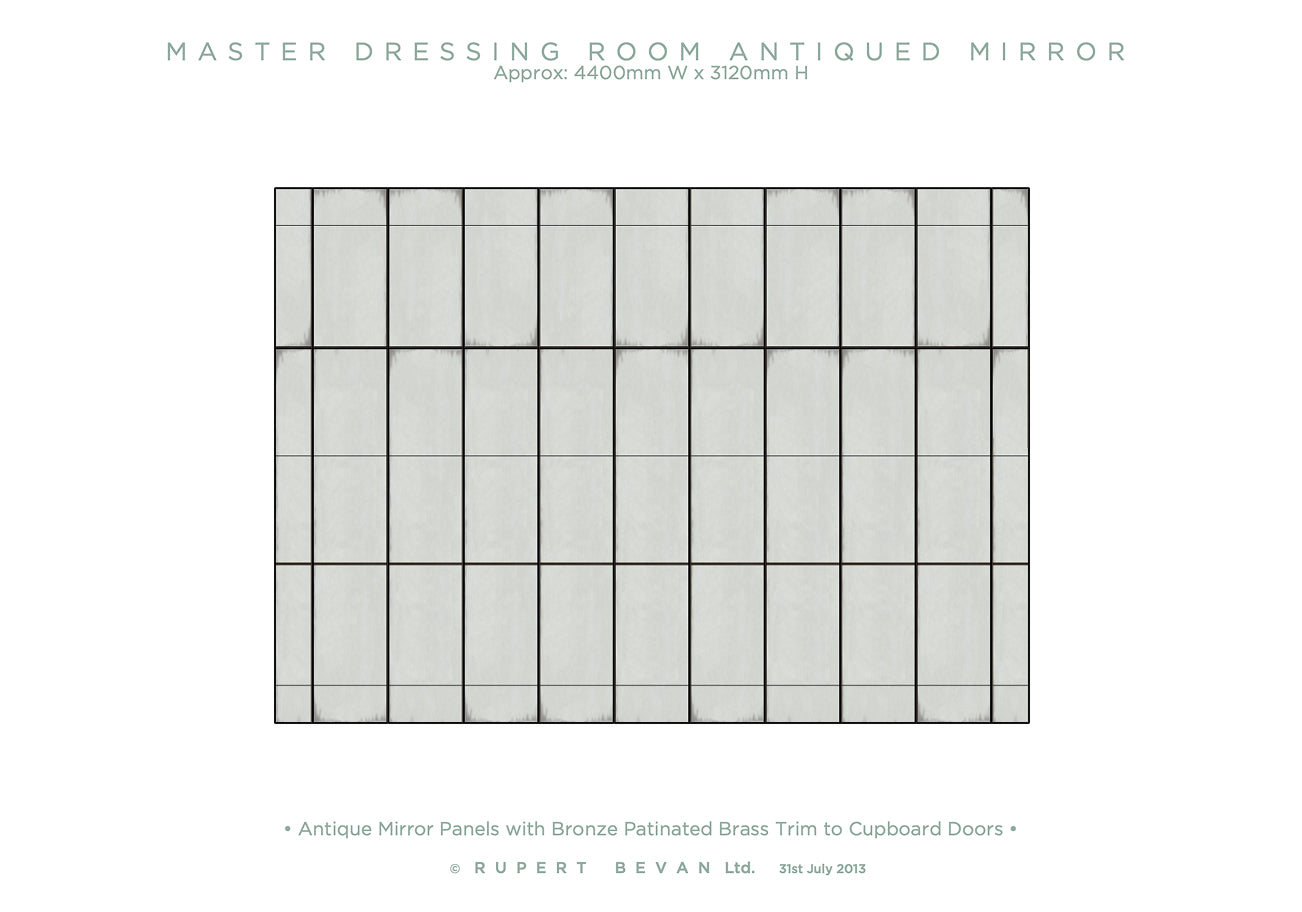 Design sketch of an antiqued mirror wall with bronze patinated brass trim on a white background. 