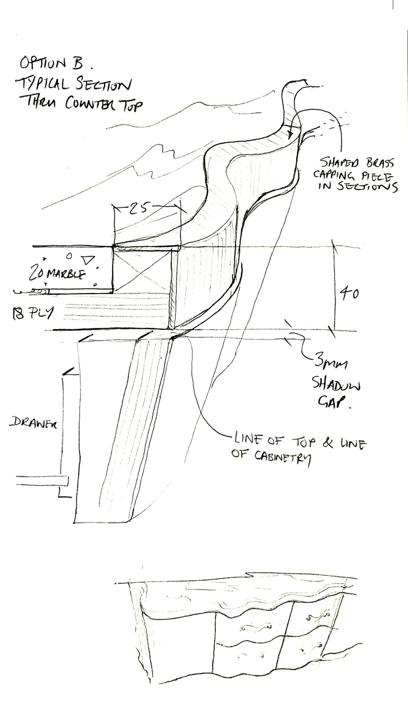 Technical sketch of a kitchen counter top design with measurements and labels.